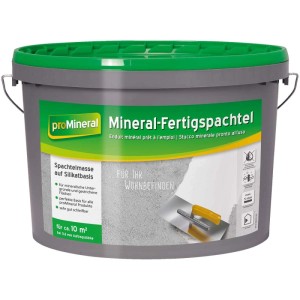Grauer Eimer proMineral Mineral-Fertigspachtel mit grünem Deckel. Zeigt Silikat-Spachtelmasse auf Wand, gebrauchsfertig und gut schleifbar.