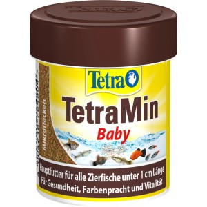 TetraMin Baby Aufzuchtfutter im gelben Behälter mit braunem Deckel.