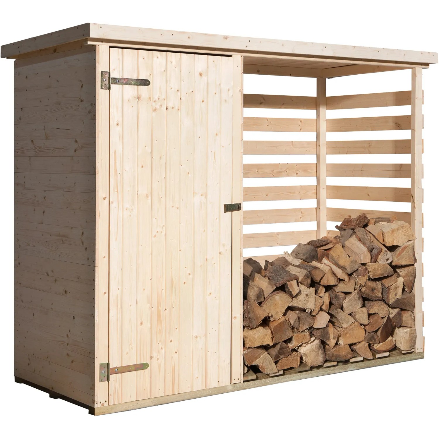Weka Multifunktions-Gartenschrank, 240x90cm, aus Holz mit Tür und offenem Lagerbereich mit Holzscheiten.