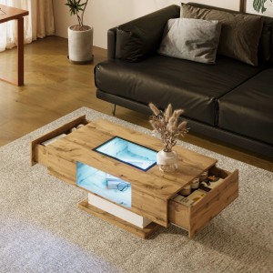 Moderner Couchtisch aus Holz mit weißen Akzenten, blauer LED-Beleuchtung unter Glasplatte und zwei offenen Schubladen.