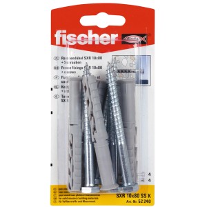 Fischer Langschaftdübel SXR 10x80 mit Schraube, 4er-Set, geeignet für Voll- und Lochbaustoffe.