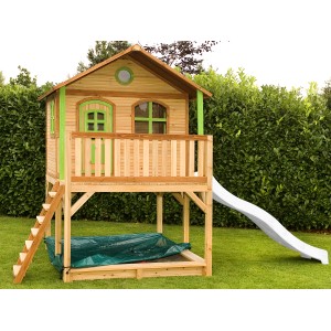 Axi Marc Spielhaus aus Holz mit Rutsche, Leiter und Sandkasten, braun-grün.