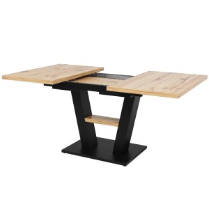 Ausziehbarer Esstisch (Teleskoptisch) mit heller Holzplatte und schwarzem Untergestell. Ideal für Küche und Wohnzimmer.