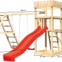 Karibu Ritterburg Löwenherz Spielturm mit Doppelschaukel, roter Rutsche und Klettergerüst.
