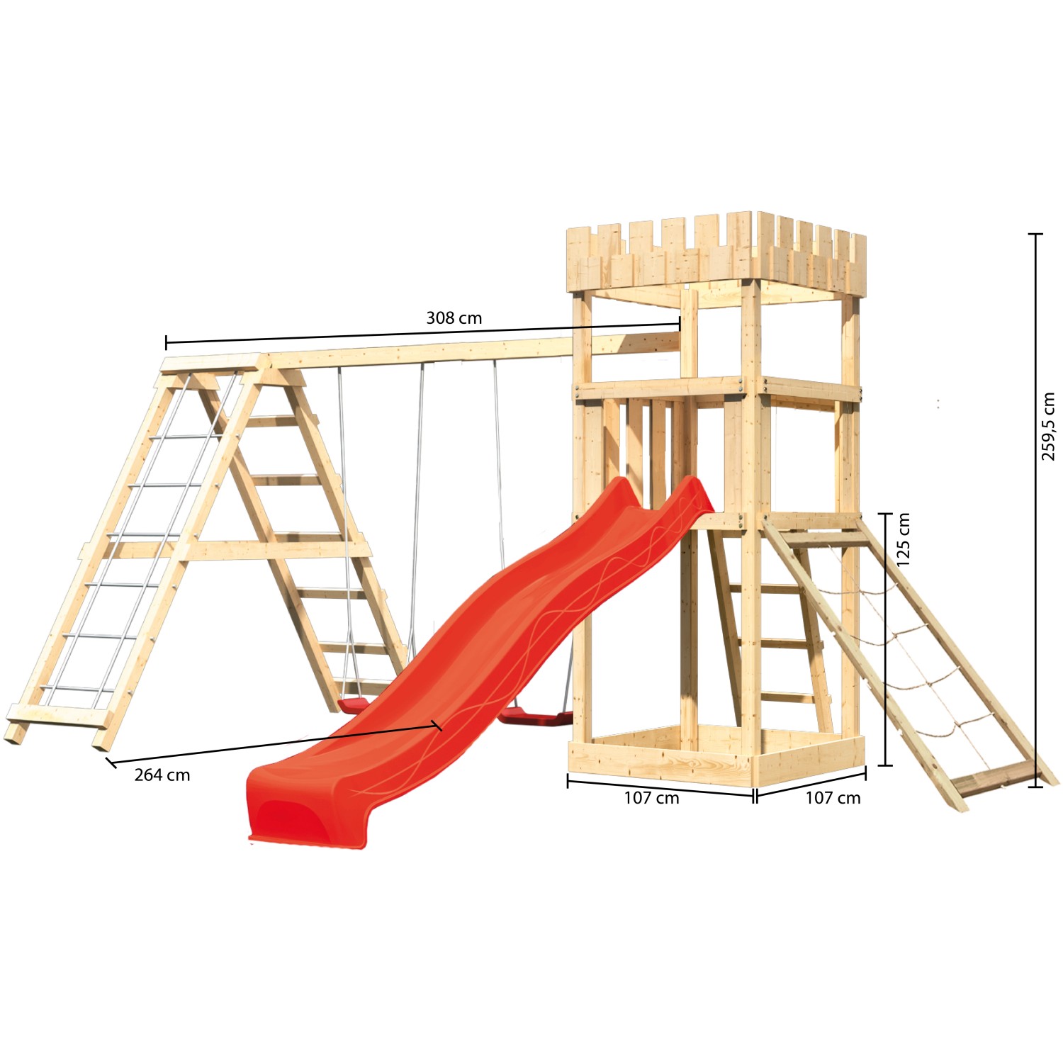 Karibu Ritterburg Löwenherz Spielturm mit Doppelschaukel, roter Rutsche und Klettergerüst.