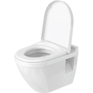 Weißes Duravit Starck 3 Wand WC Set mit offenem Deckel und Absenkautomatik.