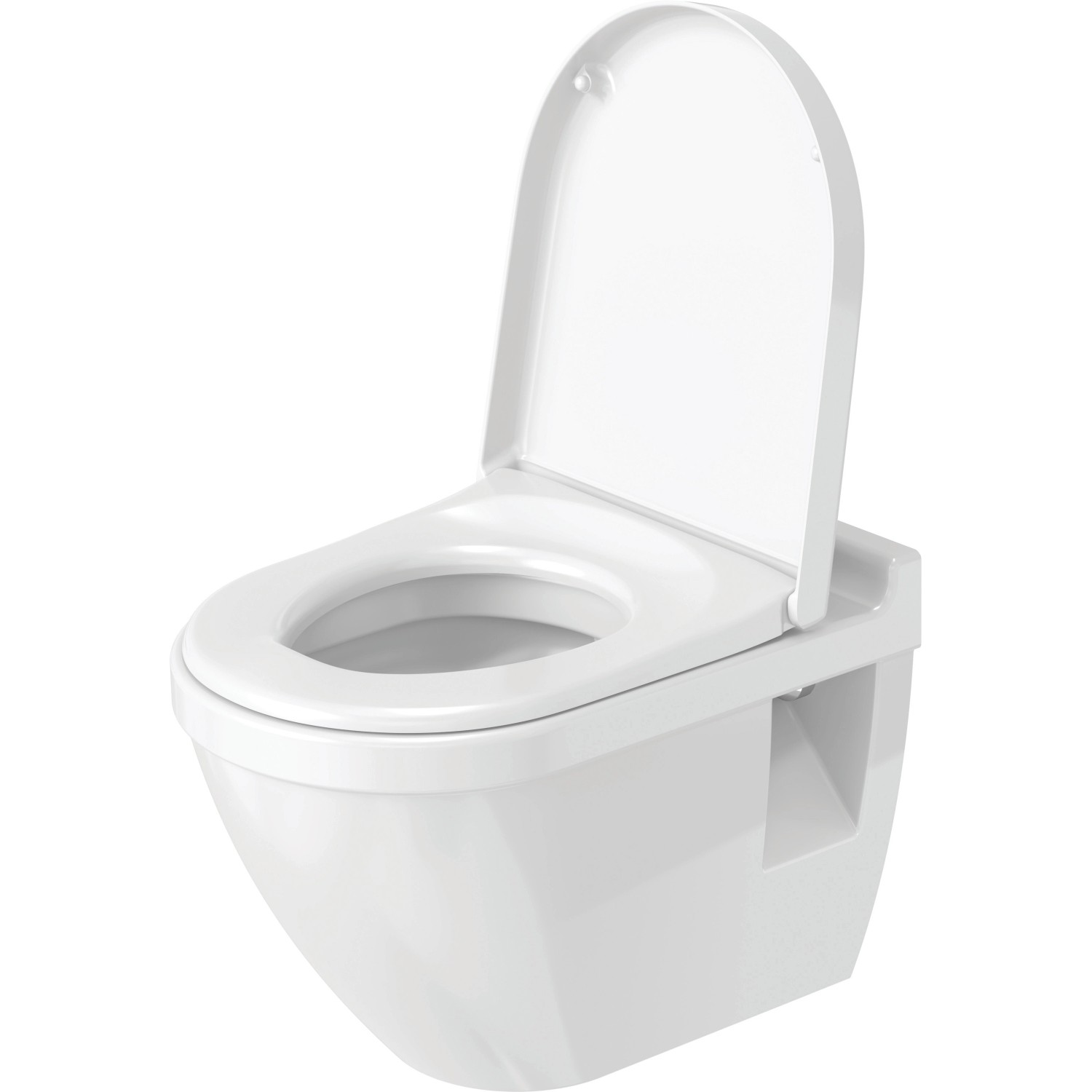 Weißes Duravit Starck 3 Wand WC Set mit offenem Deckel und Absenkautomatik.