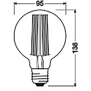 Abbildung einer Osram E27 LED Globe mit Maßangaben (13,8 x 9,5 cm).