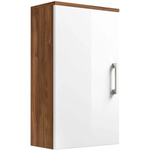 Posseik Bad-Hängeschrank Rima in Walnuss-Optik, 40 cm breit, mit weißer Tür und silbernem Griff.