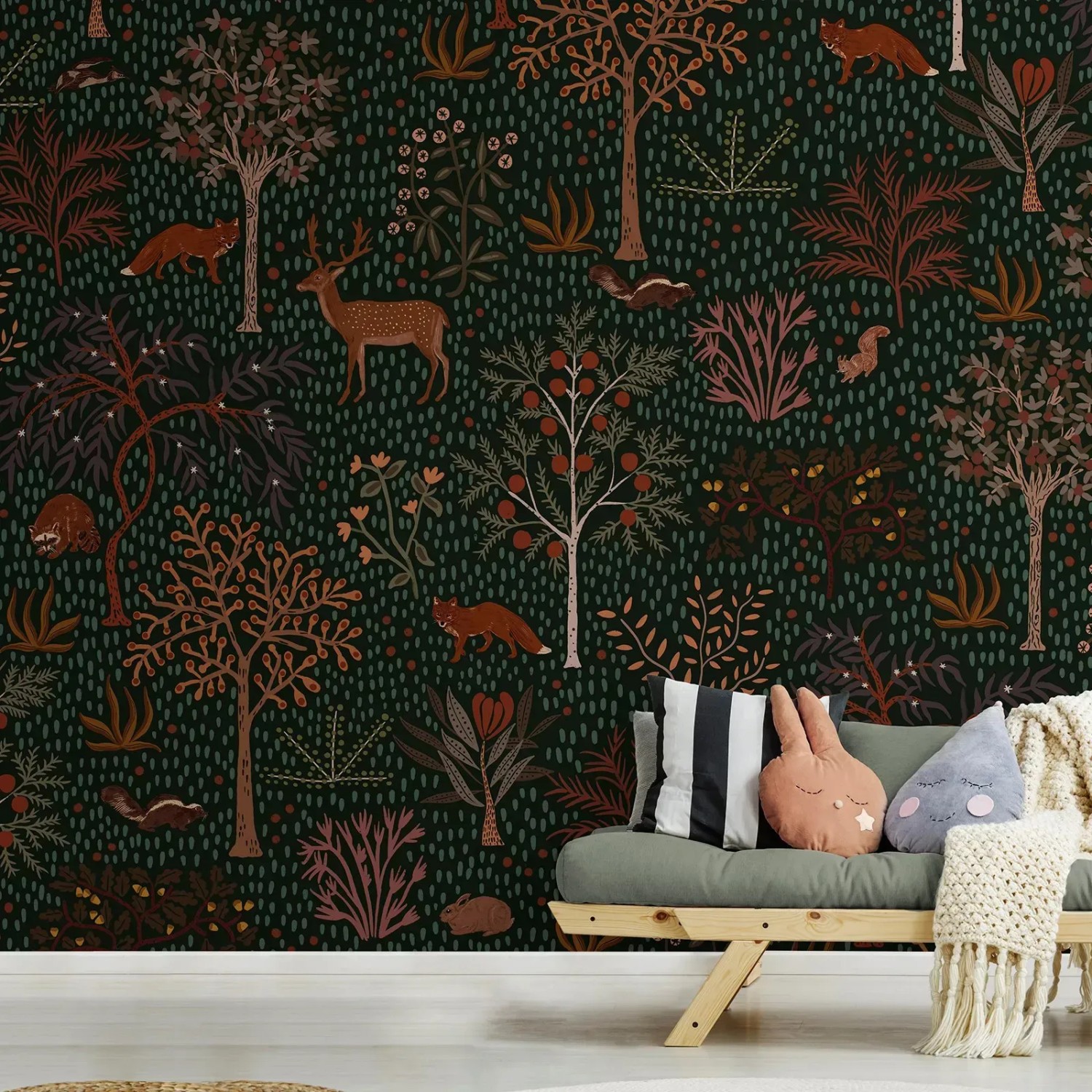 Art for the Home Fototapete Forest, Waldtiere auf dunklem Grund, 280x300 cm.