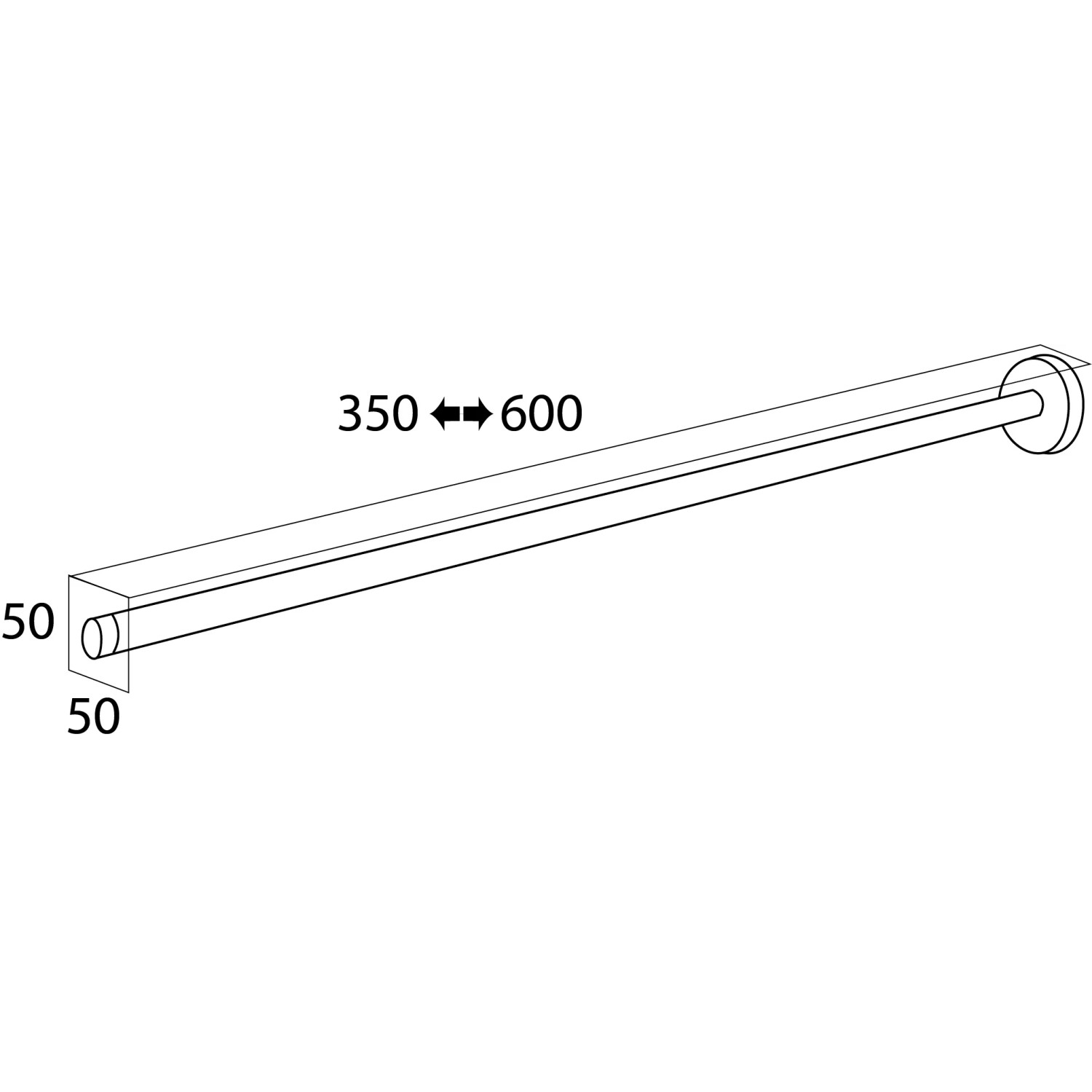 Technische Zeichnung: Schwarzer, ausziehbarer Tiger Handtuchhalter Boston aus Edelstahl, Maße 50x350-600 mm.