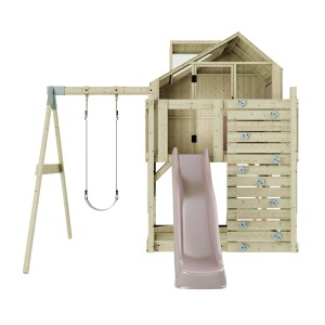Kinderspielturm mit altrosa Schaukel, Rutsche und Kletterwand aus Holz.