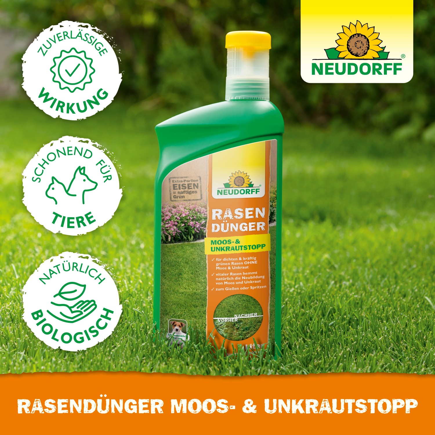 Neudorff Rasendünger Moos- & Unkrautstopp 1L Flasche für dichten, grünen Rasen ohne Moos und Unkraut.
