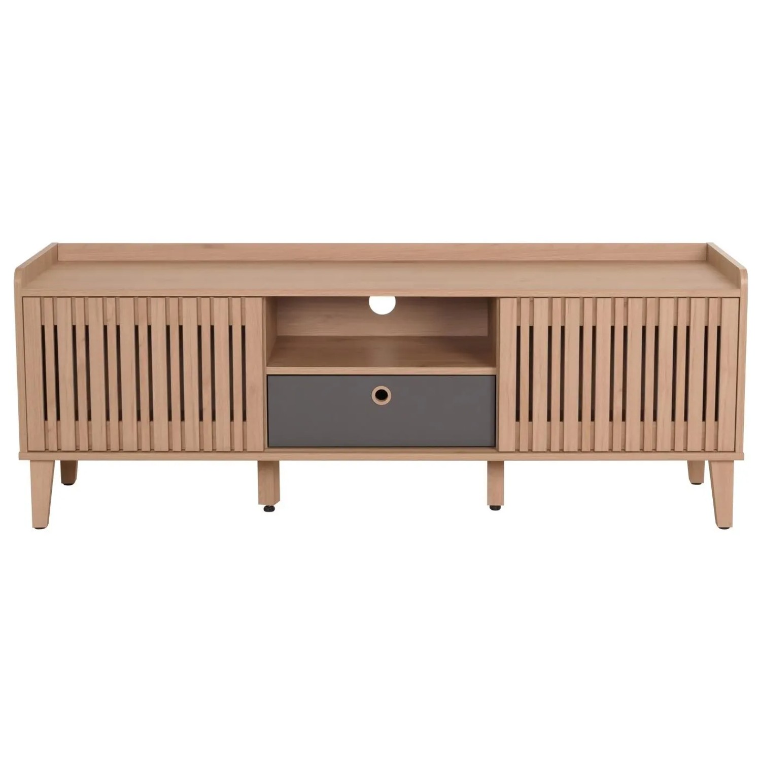 Beiges TV-Rack M48 mit Holzoptik, zwei Lamellen-Schiebetüren, offenem Fach und grauer Schublade.