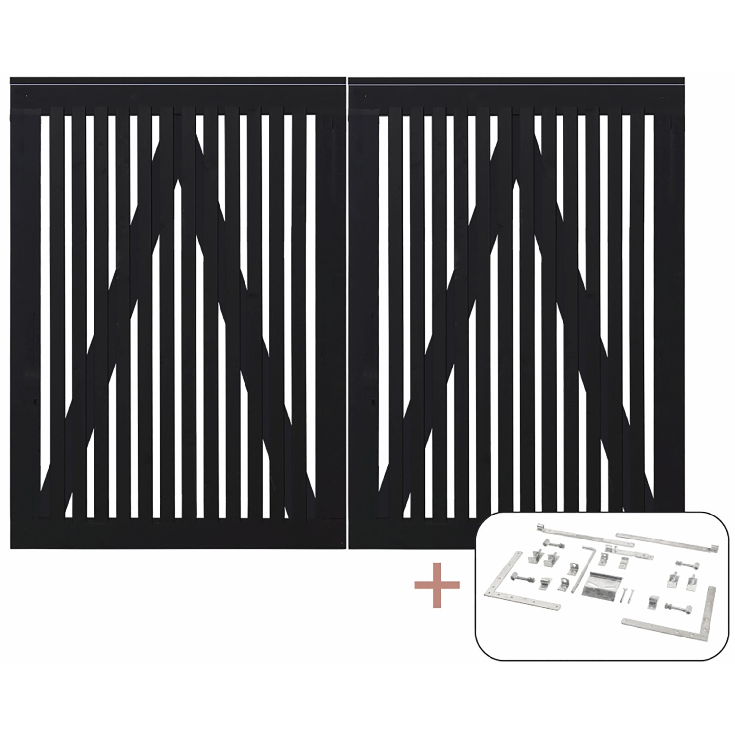 Schwarzes Doppeltor Sendai aus Nadelholz, 200x140 cm, mit Beschlägen für den Garten.