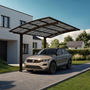 Mattbrauner Ximax Alu Carport Portoforte Typ 80 XL mit Auto vor Haus. Einzelcarport mit transparentem Dach.