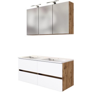 2-tlg. Badmöbel-Set Bari, 120 cm, matt Weiß/Wotaneiche: Waschtisch mit Doppelbecken und Spiegelschrank mit LED-Leuchten.
