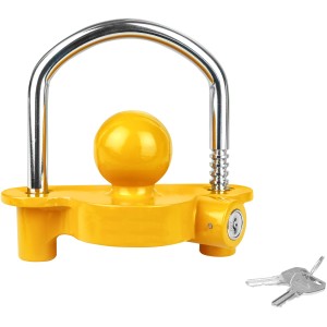 Gelbes Las Deichselschloss mit Stahlbügel und zwei Schlüsseln zur Anhänger Diebstahlsicherung.