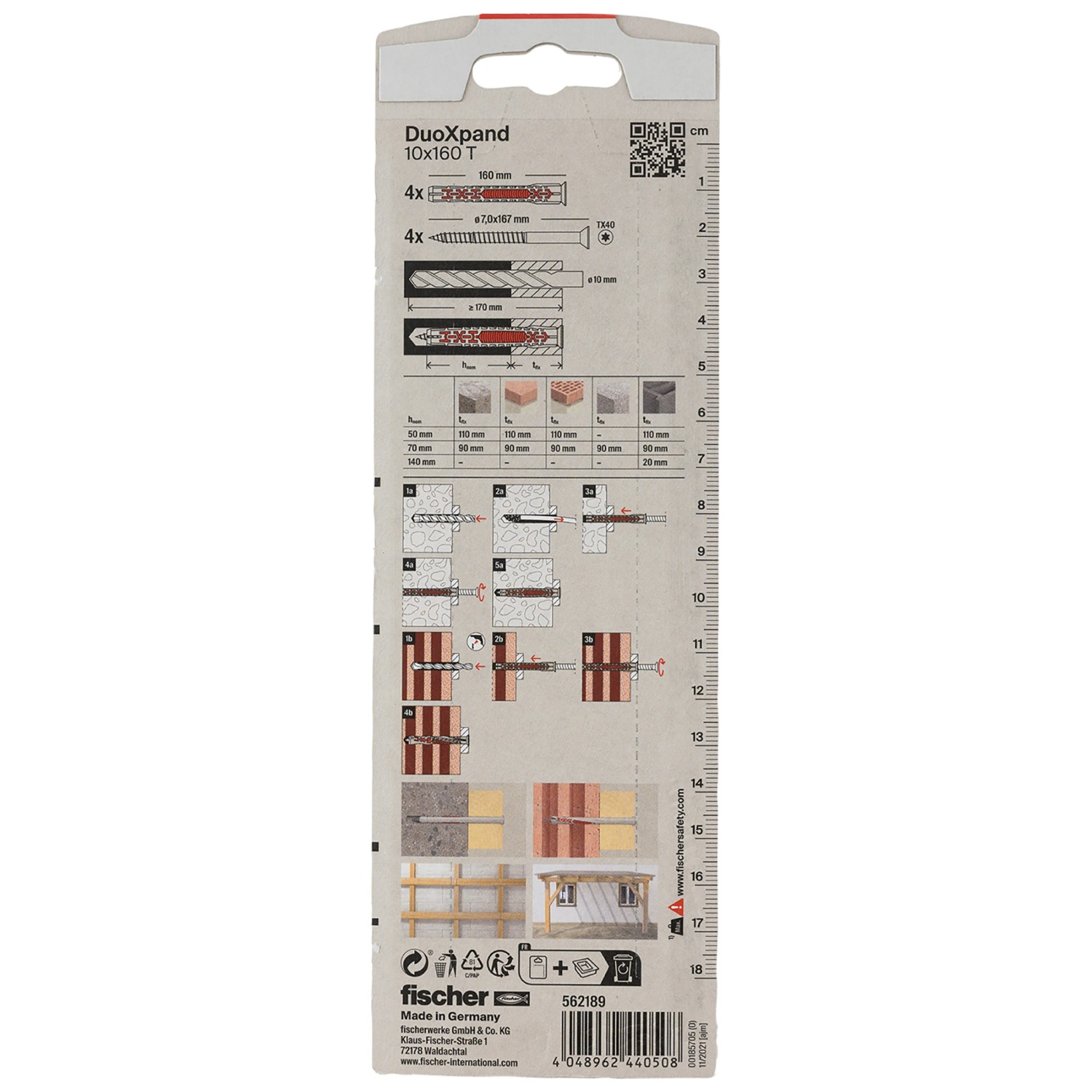 Fischer DuoXpand Dübel 10x160 mm, 4er-Pack. Langschaftdübel mit Senkkopfschraube für Beton und Mauerwerk.