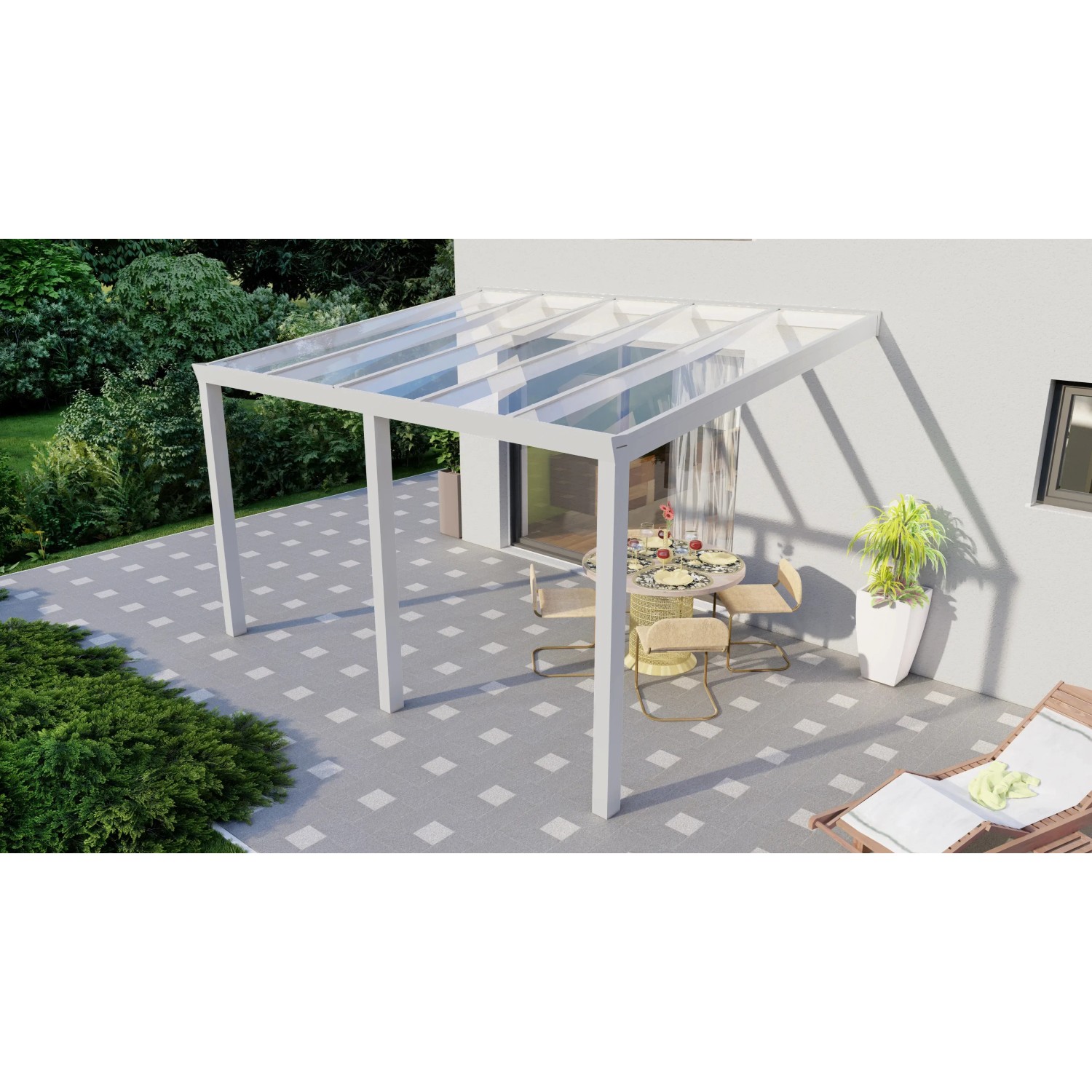 Weiße Terrassenüberdachung Professional mit Glasdach, 400x300 cm. Robuste Aluminiumkonstruktion.
