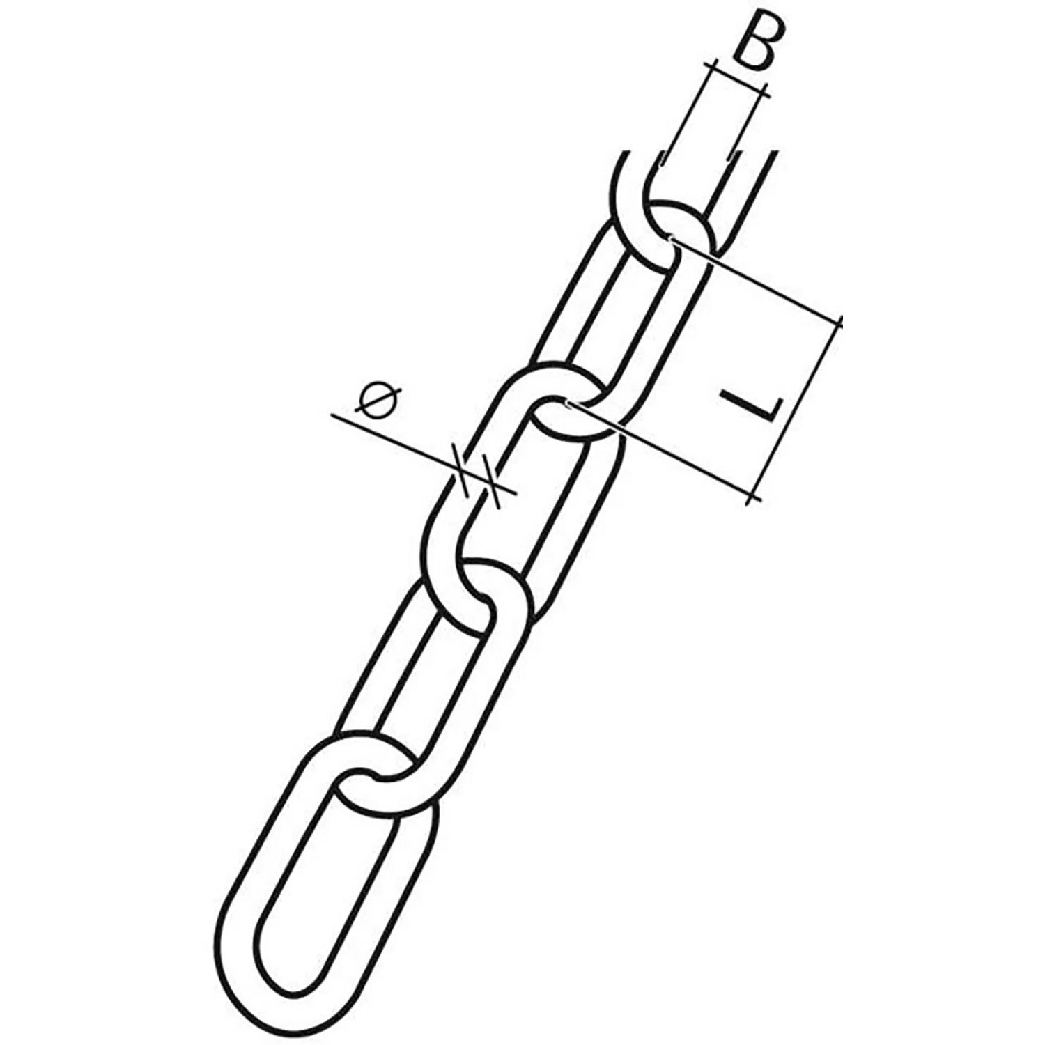 Skizze einer Schweißkette aus V4A-Stahl, Form C, mit Maßangaben zu Länge und Durchmesser.