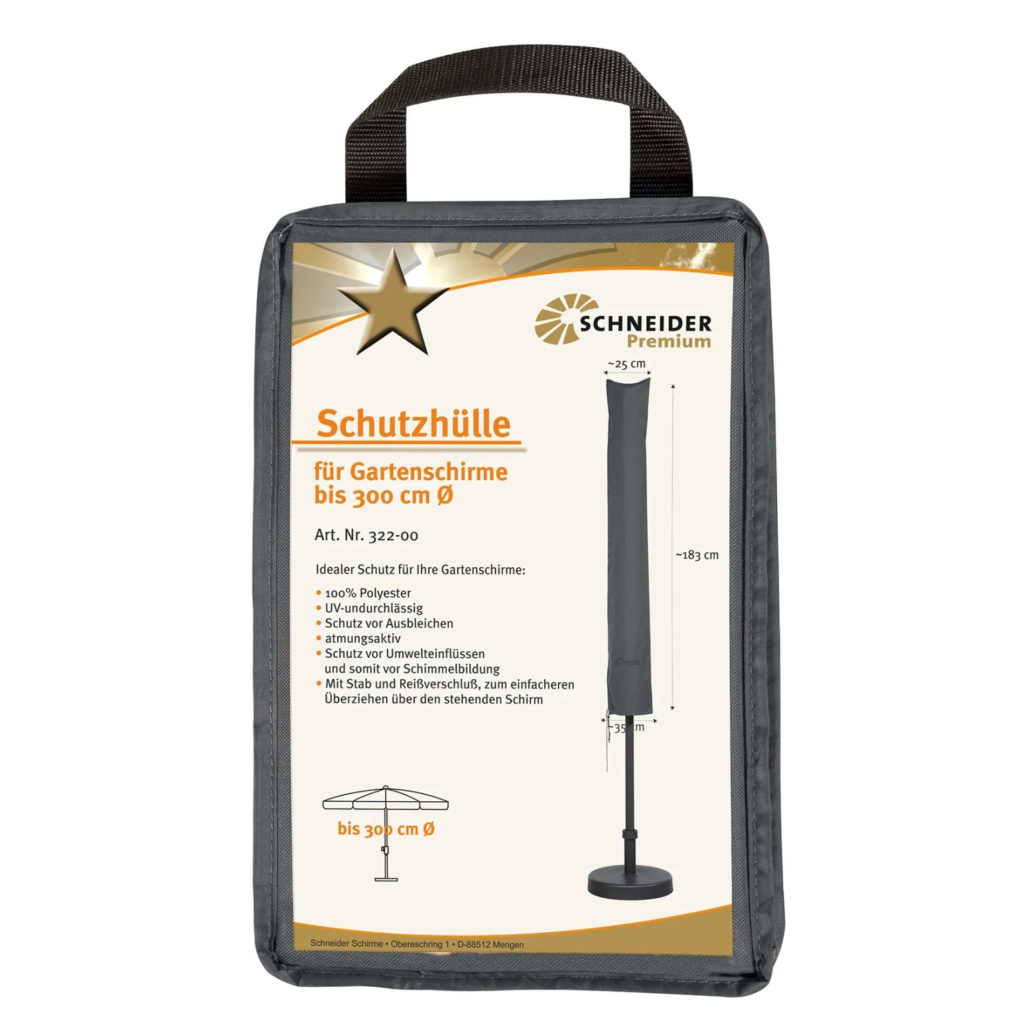 Schneider Premium Schutzhülle für Sonnenschirme bis Ø 300cm, verpackt in Tragetasche.