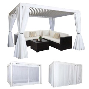 Weiße Seitenwand mit Moskitonetz für MCW Pergola J32 3x4m als Wind- und Insektenschutz.
