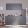 Respekta Küchenzeile KB180WGC in Grau-Weiß mit Spüle, Kochfeld und Kühlschrank. Single-Küche mit Oberschränken.