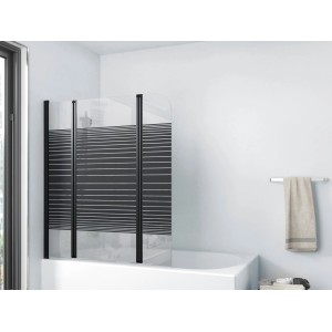 Aurlane Badewannenfaltwand Black Lines, 3-teilig, schwarz, 125x140cm. Badewannenaufsatz mit Dekorlinien.