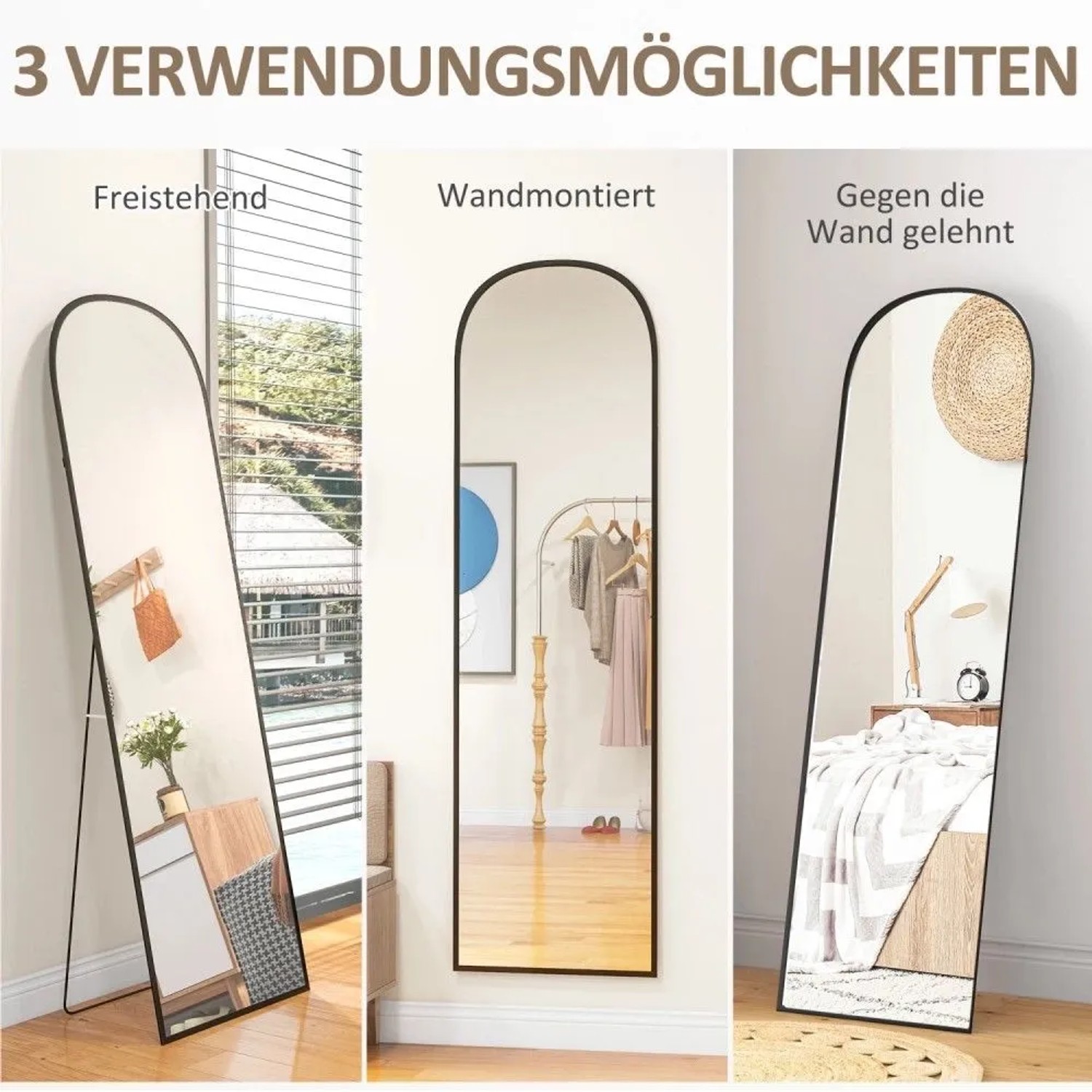 Schwarzer HOMCOM Ganzkörperspiegel mit Bogenform, freistehend, wandmontiert und angelehnt gezeigt. Vielseitiger Stehspiegel.
