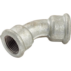 45 Grad Temperguss Fitting 18,6 mm (Rp 1/2) mit Innengewinde für verzinkte Rohre.
