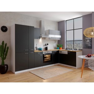 Moderne Respekta Winkelküche in Schwarz-Weiß mit Arbeitsplatte in Nussbaum-Optik und Elektrogeräten.