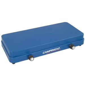 Blauer Campingaz Gaskocher Base Camp Lid mit zwei Brennern und Deckel.