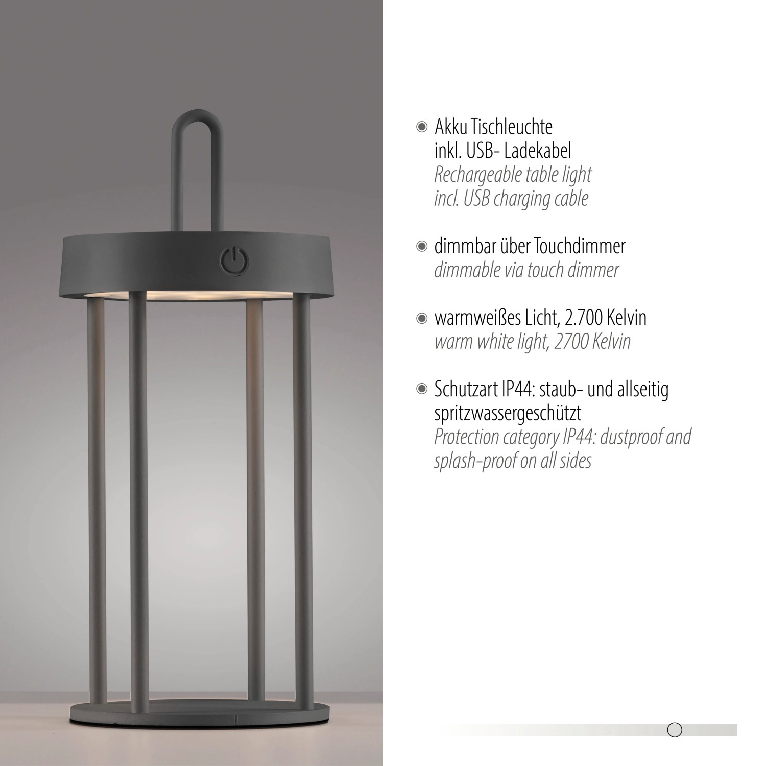 Schwarze LED-Akku-Tischleuchte Anselm, dimmbar, für den Außenbereich.