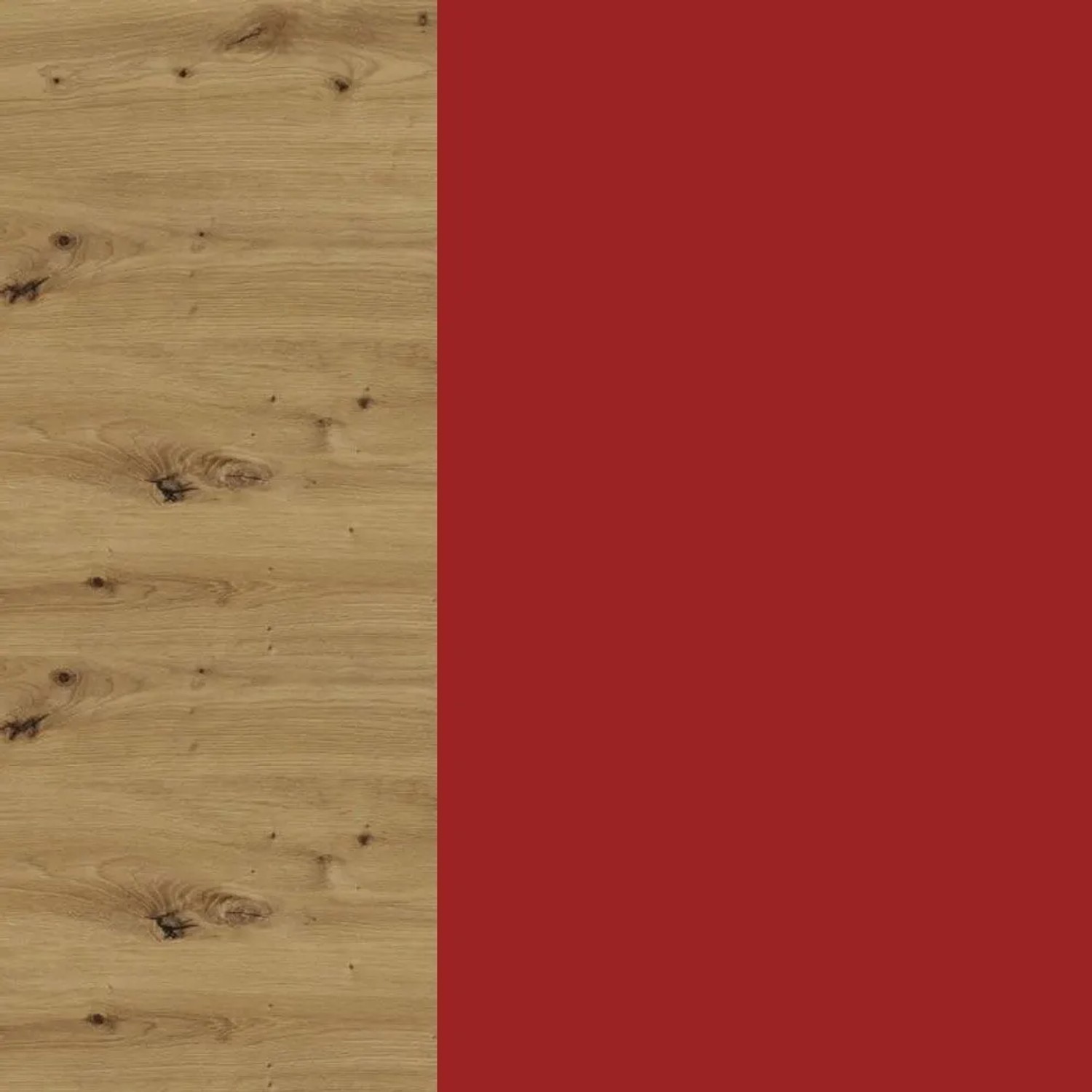 Design des Eckaufsatzschranks Brerra: Eiche Artisan Holzoptik und karminrote Hochglanzfront für Ihre Küche.