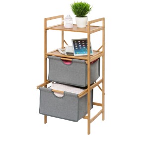 Wenko Standregal Bahari mit 2 grauen Körben und Bambusrahmen.