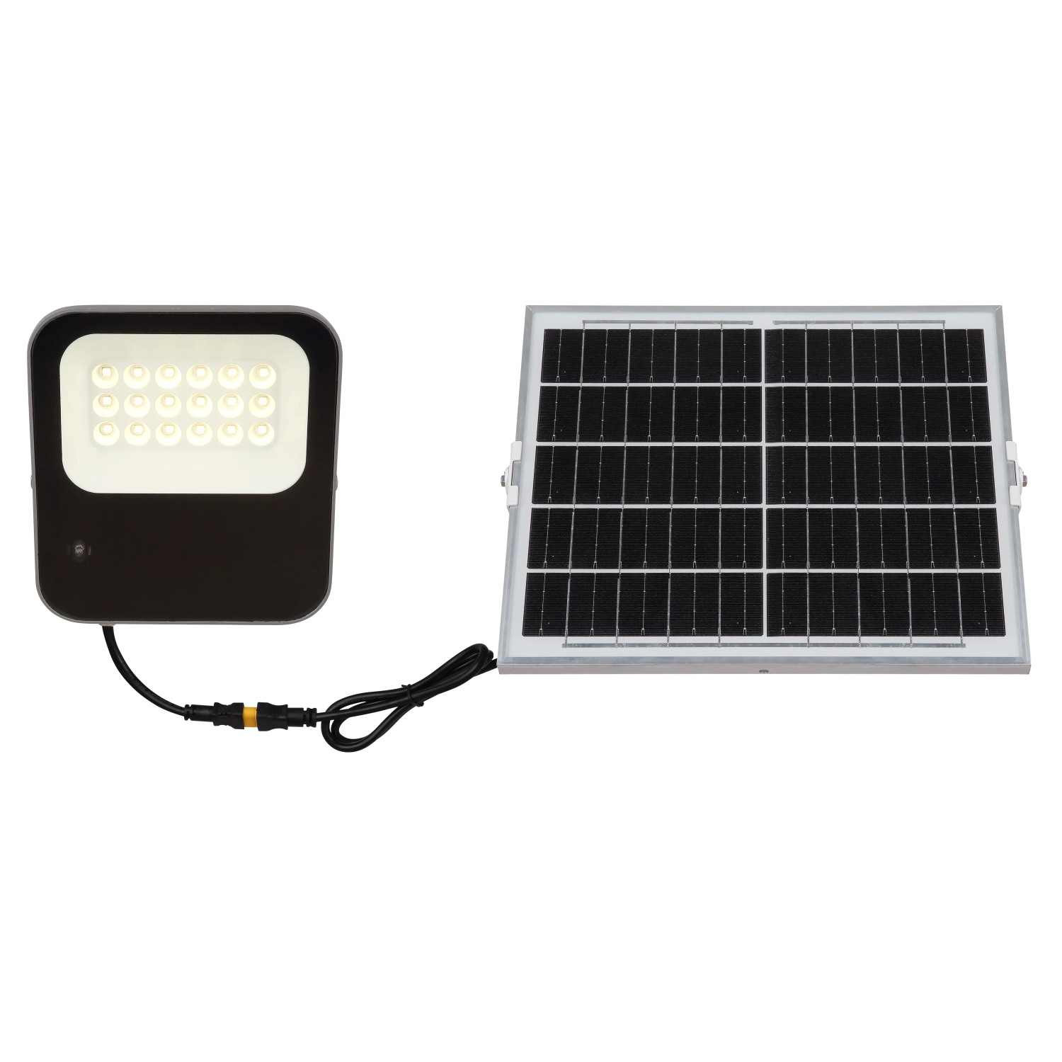 Graue Globo Solarleuchte aus Aluminiumdruckguss mit Solarpanel für den Außenbereich.