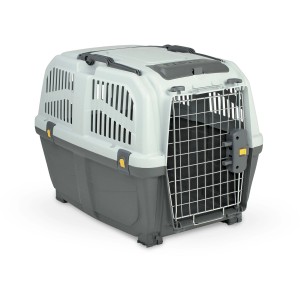 Jollypaw Transportbox aus Kunststoff, dunkelgrau und hellgrau, mit Metalltür und Belüftungsschlitzen.
