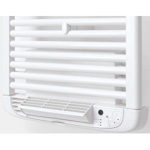 Weißer Ximax Elektro Handtuchwärmer Bianca-Dry mit Konvektor und Bedienelementen.