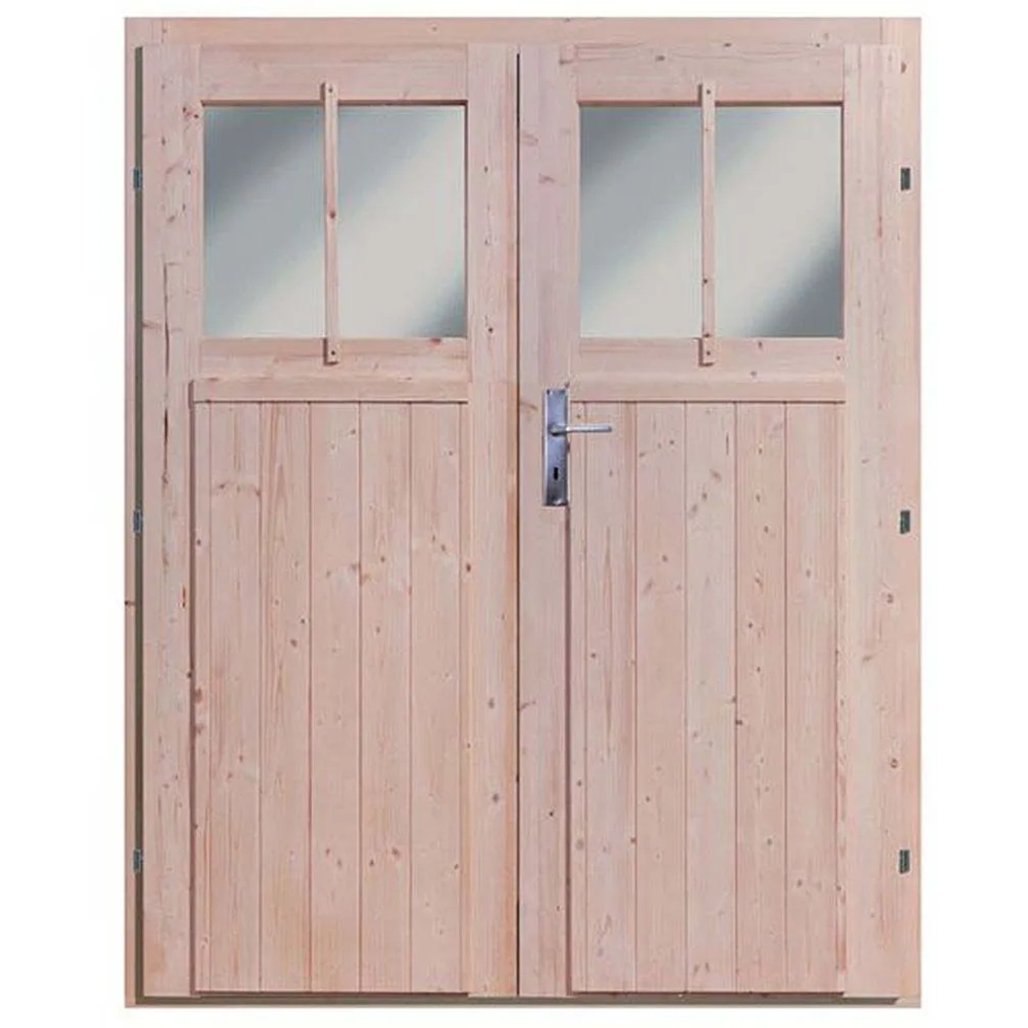 Doppeltür für Karibu Gartenhaus Kristiansund, unbehandeltes Holz mit Fenstern.