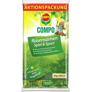 Compo Rasensamen Spiel & Sport, 8kg Packung für 400m², ideal für strapazierfähigen, grünen Rasen.