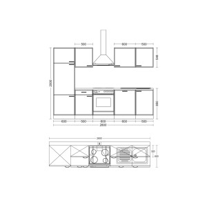 Plan der Flex-Well Küchenzeile Creso 280 cm: Layout mit Maßen, Herd, Spüle, Kühlschrank, Dunstabzugshaube und Schränken.