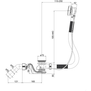 Ottofond Ab- und Überlaufgarnitur für Eckwannen, schwarz-matt, technische Zeichnung mit Maßen.