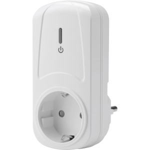 Smart-Funkschalter-Set: Weißer Stecker mit Schalter und Steckdose für smarte Steuerung.