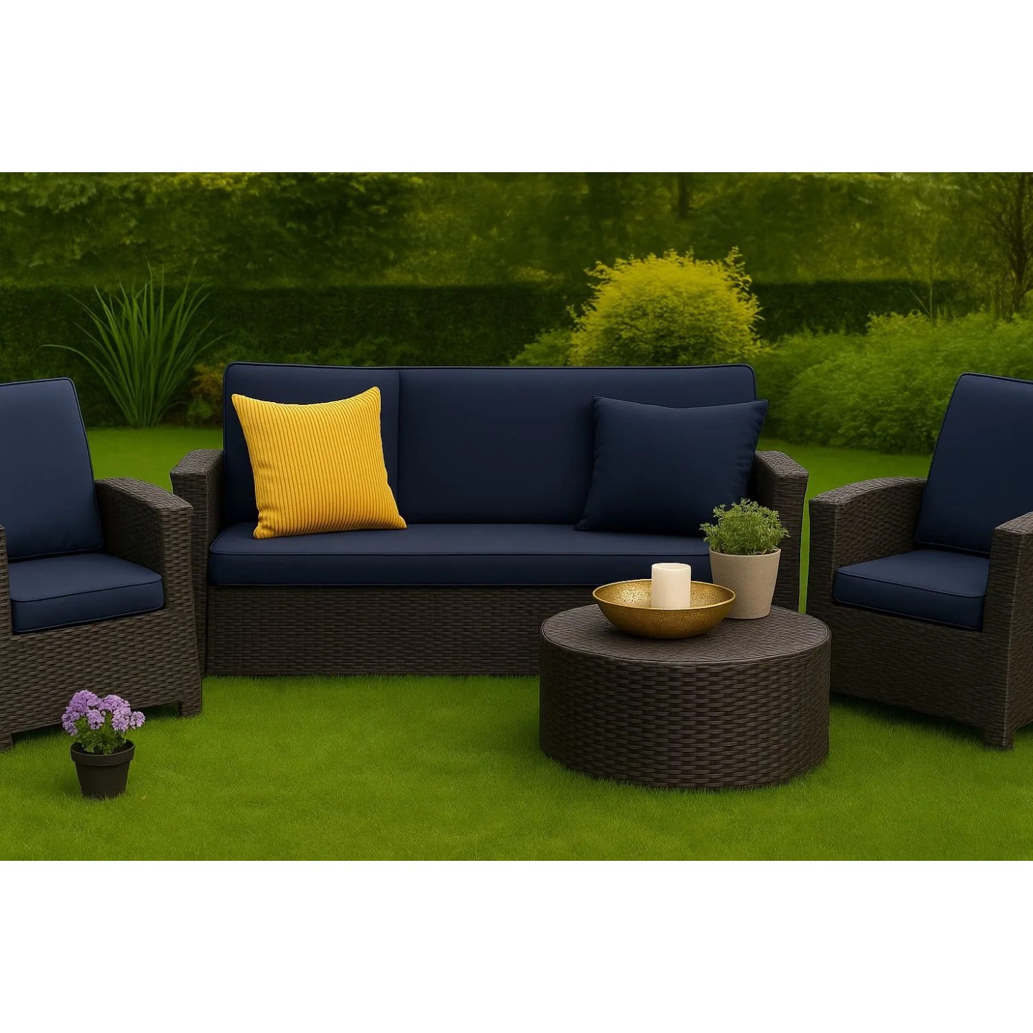 Marineblaues Gartenkissen-Set für Polyrattan-Möbel, bestehend aus Sitz- und Rückenkissen für ein 2-Sitzer Gartensofa.