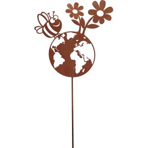 Rostbrauner Gartenstab Happy Planet von Ferrum Art Design mit Biene, Erde und Blumen.