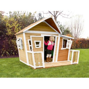 Axi Lisa Spielhaus im Crooked Design, braun-weiß, mit Veranda und Kind im Eingang.