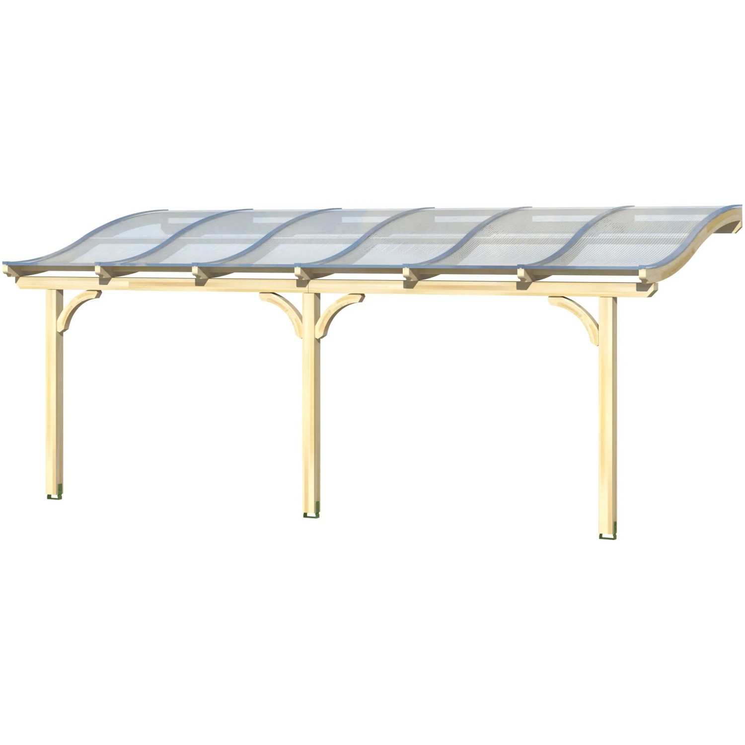 Weiße Skan Holz Terrassenüberdachung Venezia mit geschwungenen Sparren und klarer Dacheindeckung.