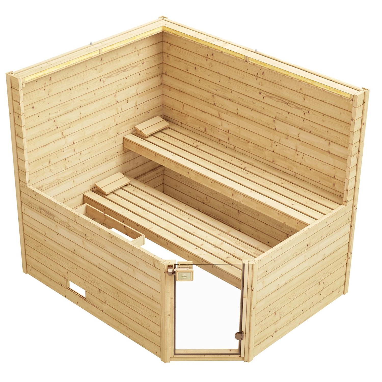 Weka Massivholzsauna Valida Eck mit Glastür, naturbelassenes Fichtenholz, zwei Liegen.