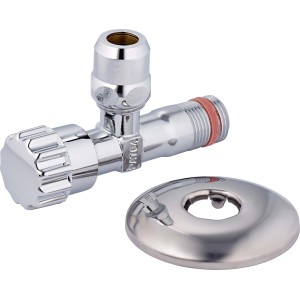 Verchromtes Eckventil mit Schlauchanschluss und Rosette für Wasch- oder Spülmaschine.